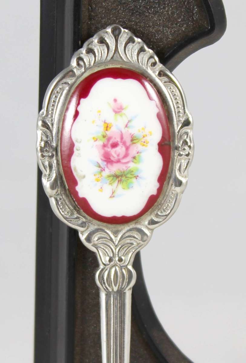 Souvenir Spoon - Porcelain Insert with Flower Motif - Beautiful! - Low Price!! - Bid Now!!!