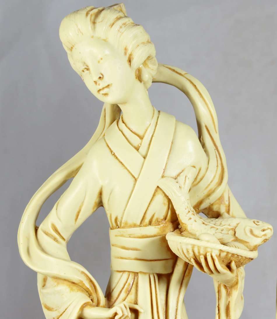 Pair Chinese statues of lady and man carrying fishes - Stunning!! - Exquisite detail!! - Bid Now!!!