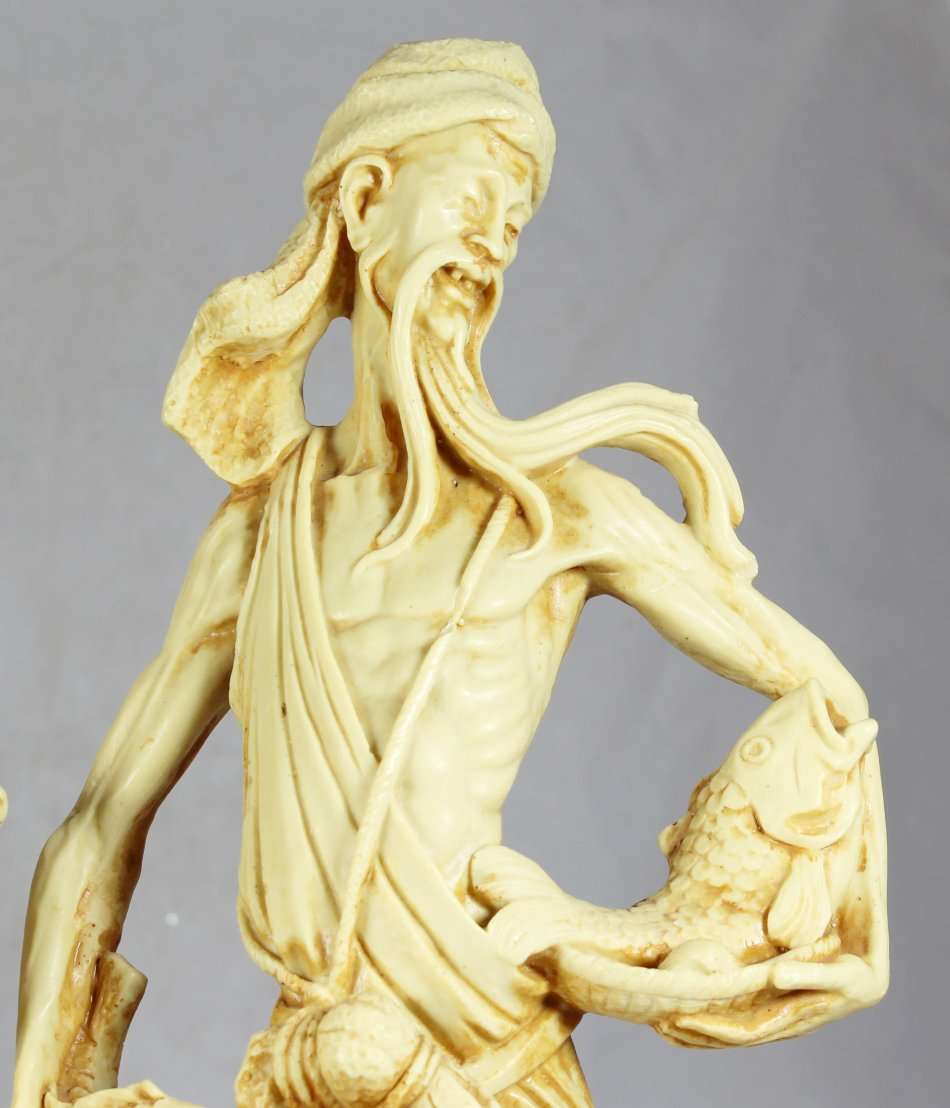 Pair Chinese statues of lady and man carrying fishes - Stunning!! - Exquisite detail!! - Bid Now!!!