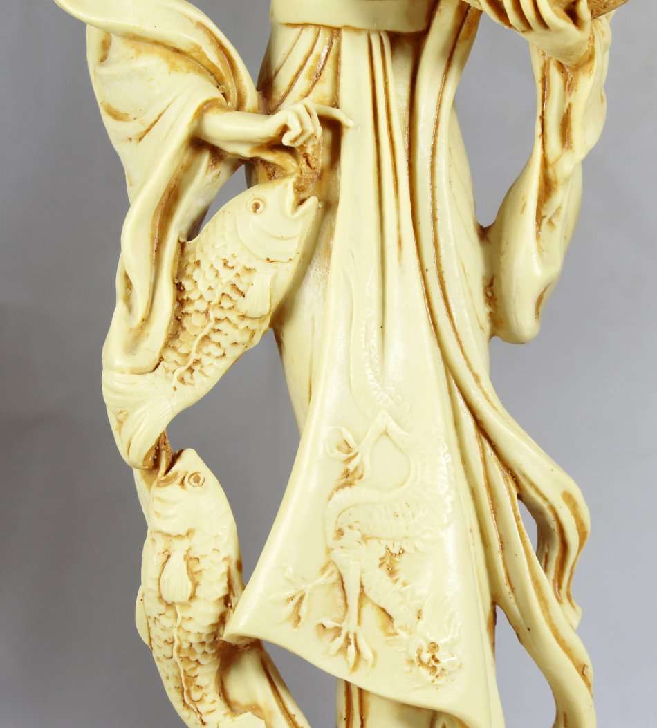 Pair Chinese statues of lady and man carrying fishes - Stunning!! - Exquisite detail!! - Bid Now!!!