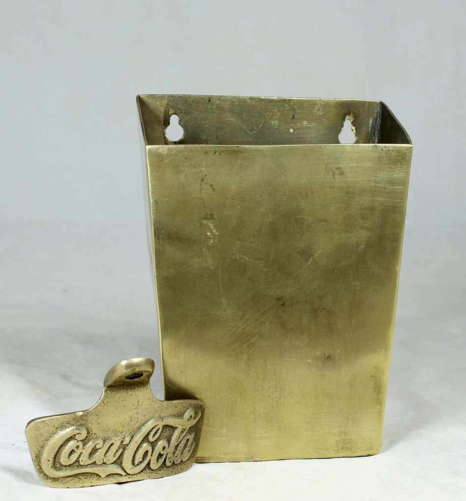 A VINTAGE BRASS COCA-COLA OPENER WITH ORIGINAL BOTTLE TOP CONTAINER - BID NOW!!!!