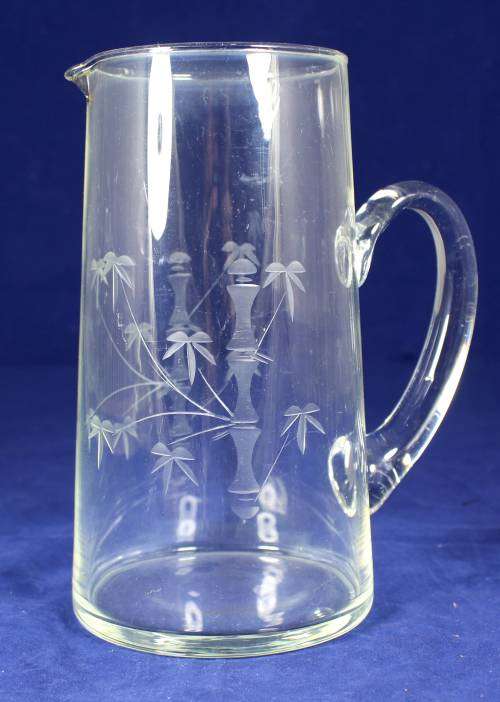 GLASS WATER JUG - BAMBOO ENGRAVED - BID NOW !!!