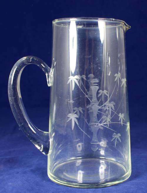 GLASS WATER JUG - BAMBOO ENGRAVED - BID NOW !!!