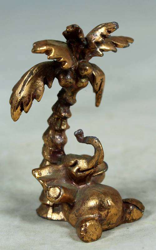 MINIATURE-BRASS COLOR LEAD ELEPHANT UNDER A PALM TREE-BID NOW!!