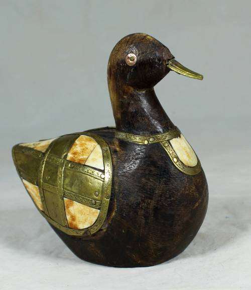AMAZING WOODEN DUCK BRASS WITH BONE INLAY-BID NOW!!