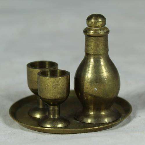 Miniature brass tray with bottle and 3 glasses