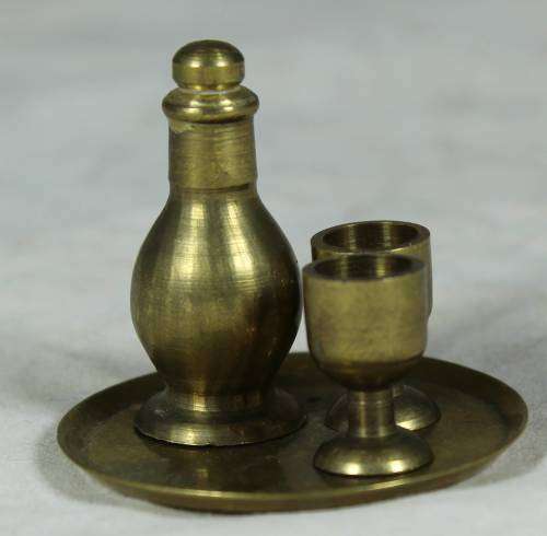 Miniature brass tray with bottle and 3 glasses