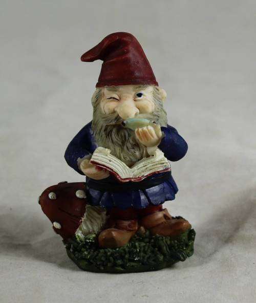 MINIATURE GARDEN GNOME-GRANDPA READING WITH A MAGNIFYING GLASS(LOVELY) BID NOW!!