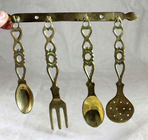 SMALL BRASS UTENSILS ON WALL HANGING - BID NOW !!!