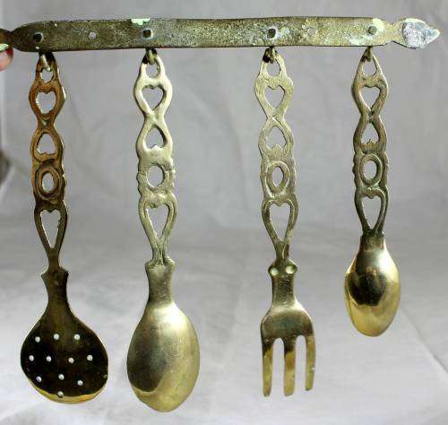 SMALL BRASS UTENSILS ON WALL HANGING - BID NOW !!!