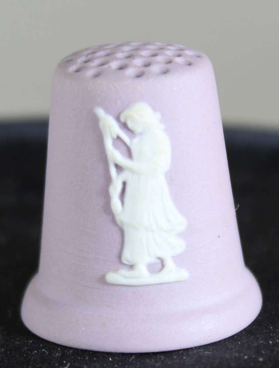 Collectible Thimble - Wedgwood Pink Thimble - Lady Playing Harp - Act Fast!! Bid Now!!!