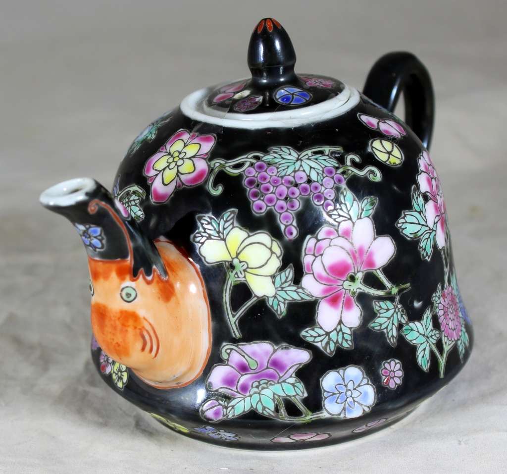 Little Black Teapot with Flowers - Bid Now!!!