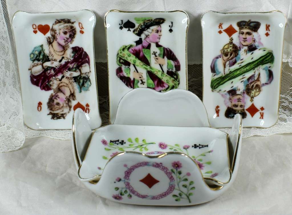 Set of Hand-painted Porcelain Trinket Dishes in Holder