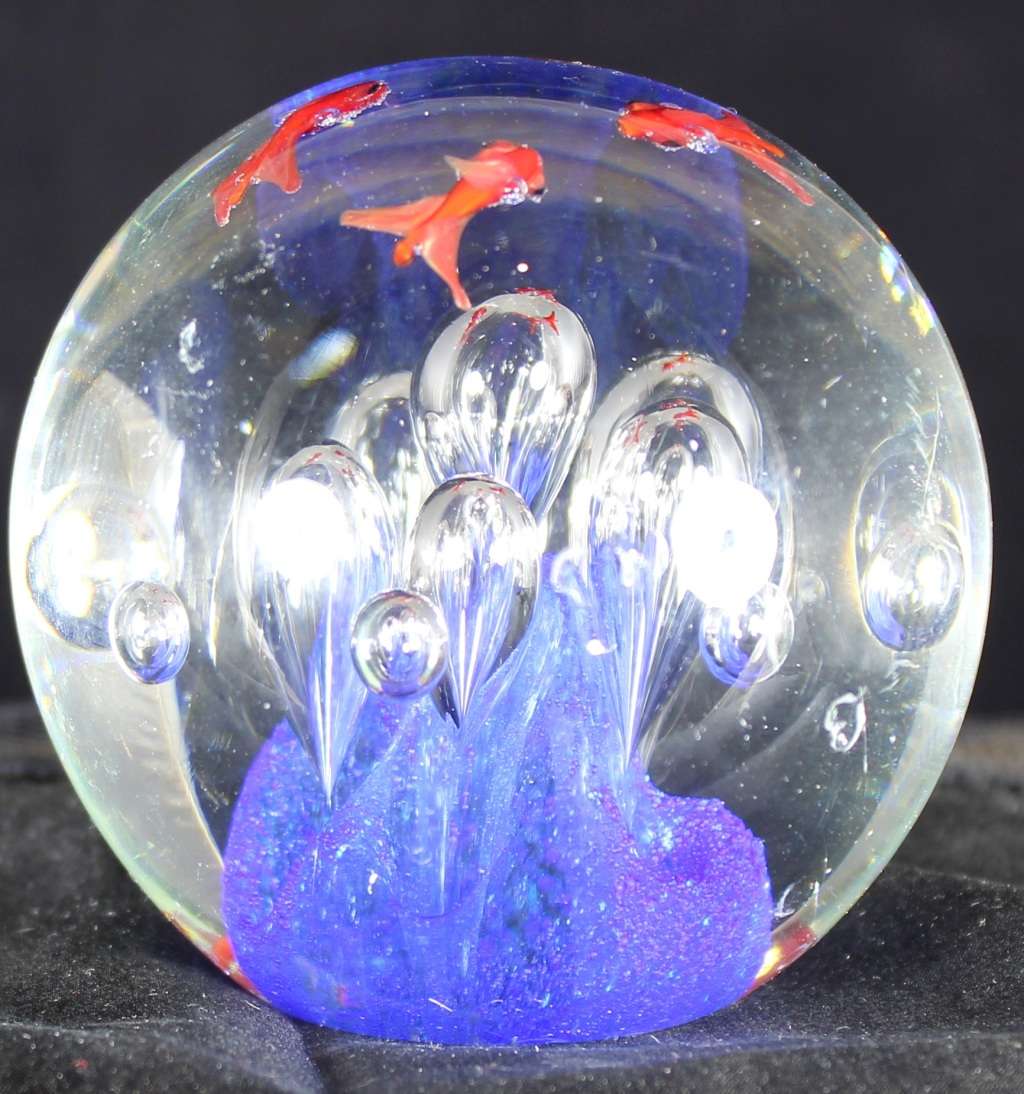 Glass Paperweight with Fishes & Bubbles