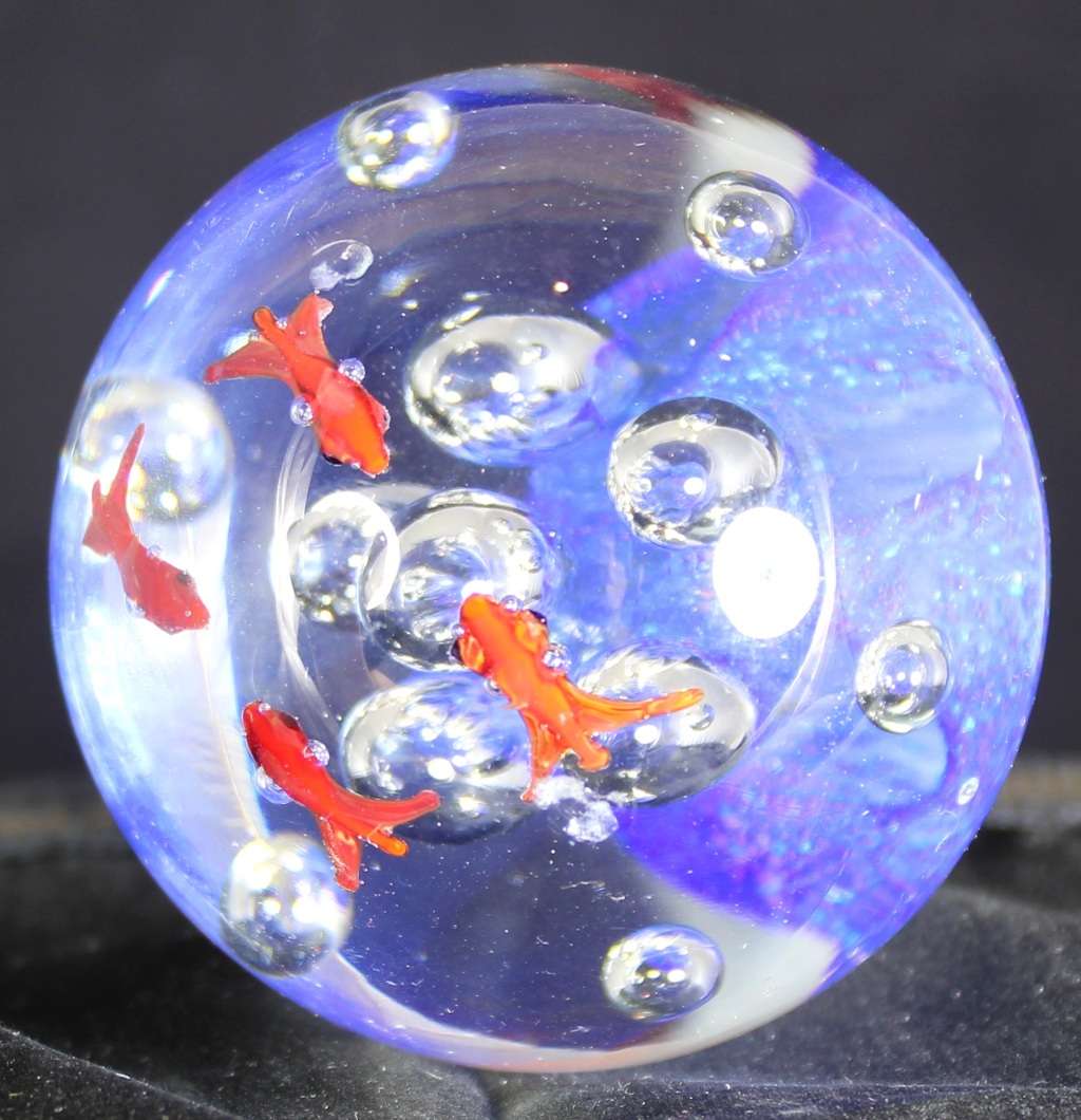 Glass Paperweight with Fishes & Bubbles