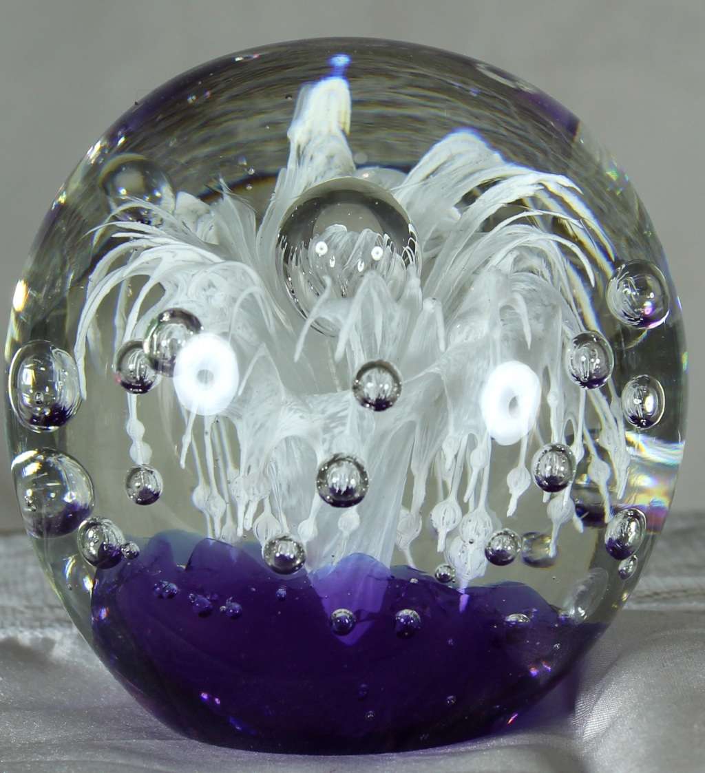 Glass Paperweight with Purple & White Flower - BID NOW!!!