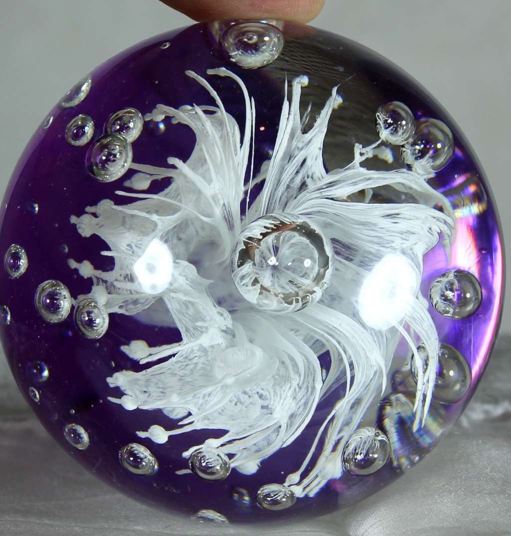 Glass Paperweight with Purple & White Flower - BID NOW!!!