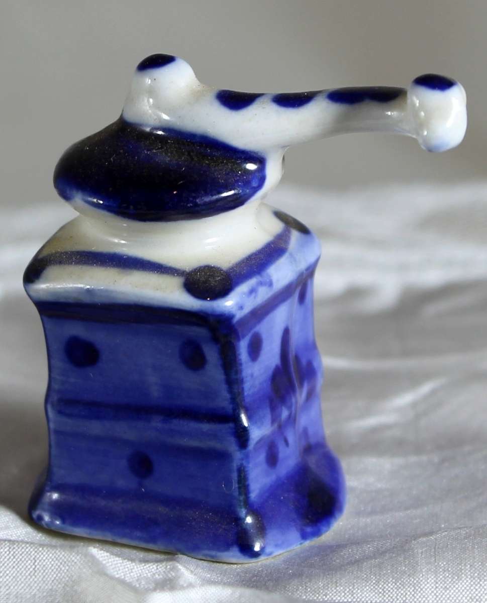 Vintage Miniature Ceramic Coffee Grinder - Blue and White - BID NOW!!!