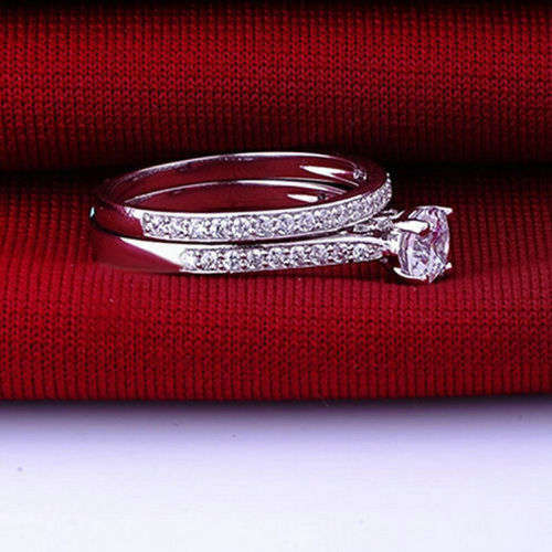 2Pcs Women Wedding Engagement Rings Silver Plated Zirconia Crystal Ring Jewelry size 5