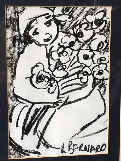 Lynette Barnard, `Young Girl with Flowers`, Monotone, Mixed Media, signed, 51cm x 58cm (with frame)