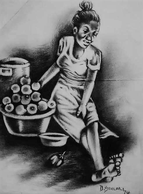 Durant Sihlali, (Original), `The Market Place`, Charcoal artwork,