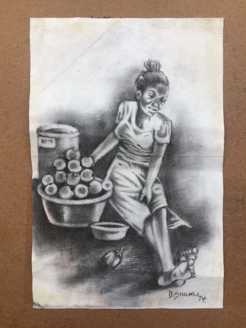 Durant Sihlali, (Original), `The Market Place`, Charcoal artwork,