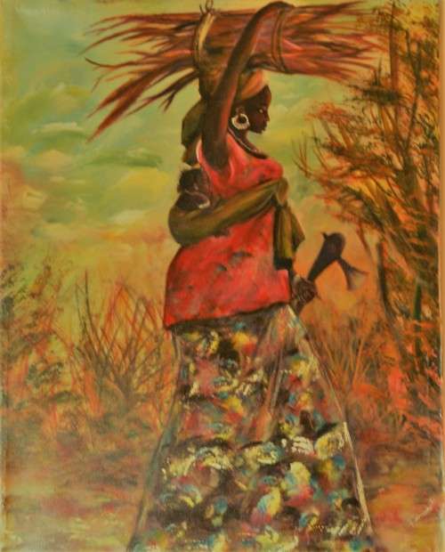 Fakebba Minteh (Faminteh) Gambian artist, Signed, "Mother & Child", Oil on Canvas, 70cm x 88cm