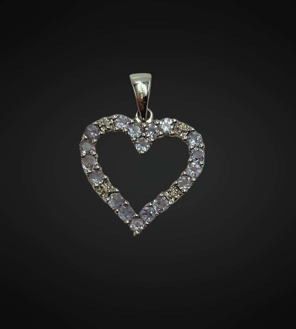 Genuine 9ct White Gold Small Heart Pendant with Tanzanite and CZ Stones - 1.6g, 19mm x 16mm