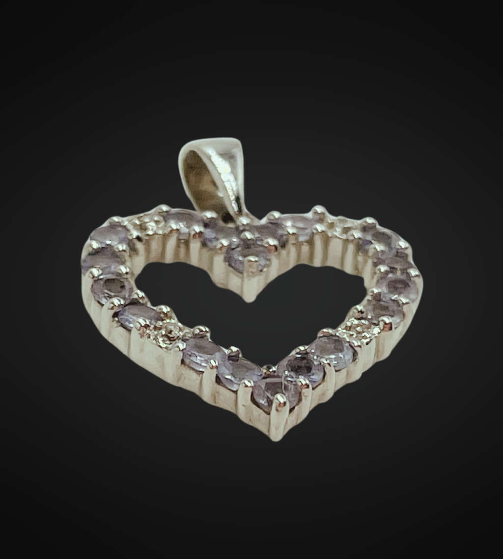Genuine 9ct White Gold Small Heart Pendant with Tanzanite and CZ Stones - 1.6g, 19mm x 16mm