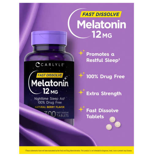 Melatonin 12 mg Dissolvable Tablets | Natural Berry Flavor | 300 Count- drug Free- Fast Acting