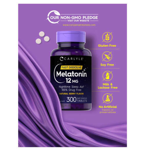 Melatonin 12 mg Dissolvable Tablets | Natural Berry Flavor | 300 Count- drug Free- Fast Acting