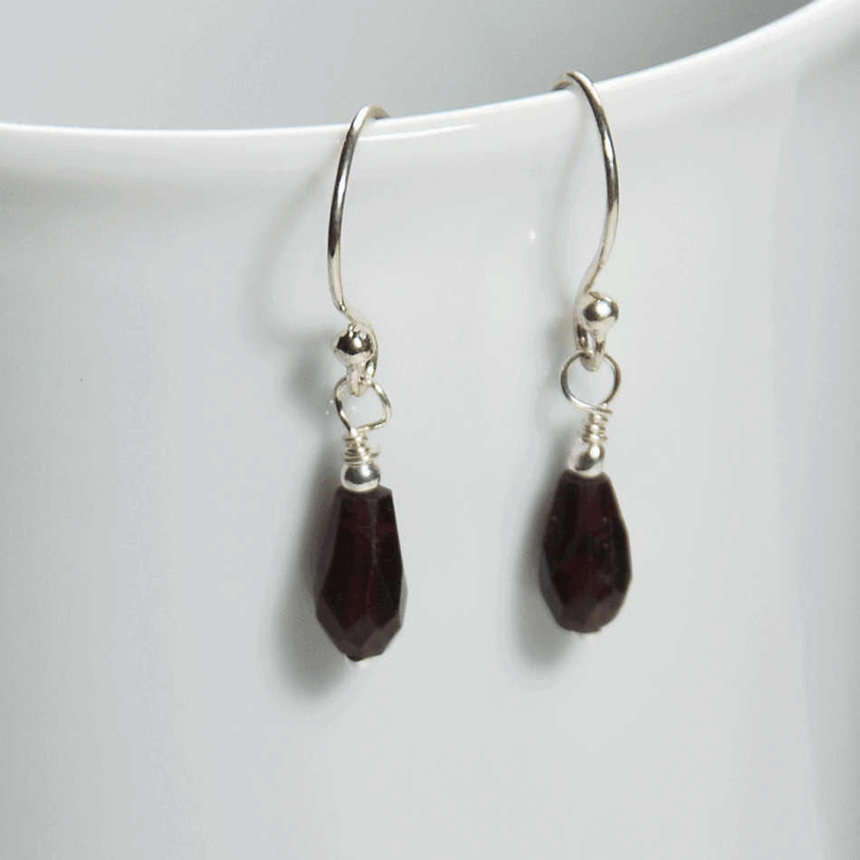 January birthstone tiny natural Garnet drop earrings on sterling silver