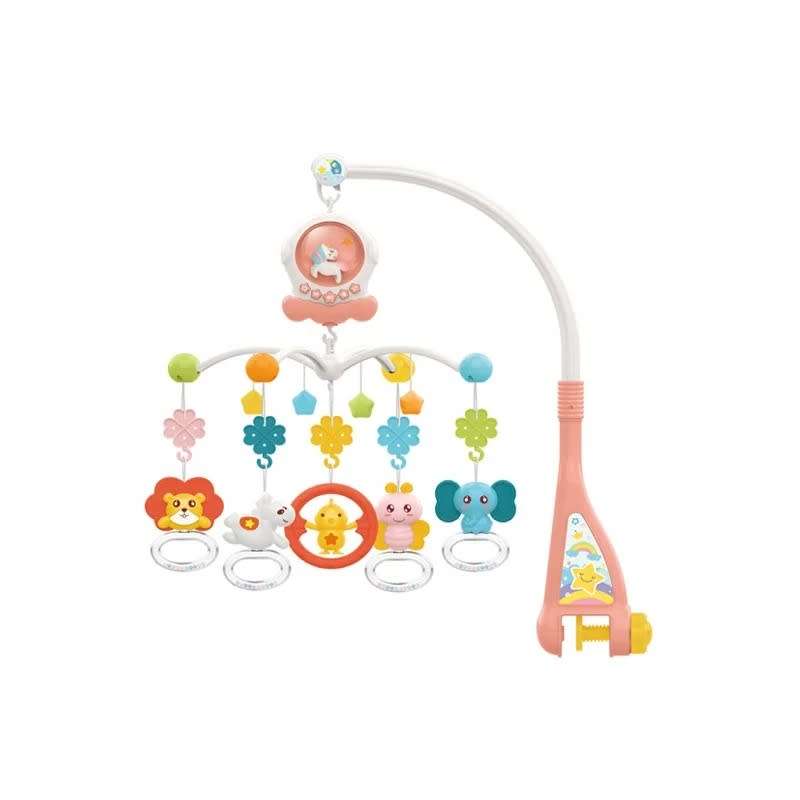 Baby Cot Mobile with Music and Light, Baby Mobile with 360°Rotating Rattles and Music Box-Pink