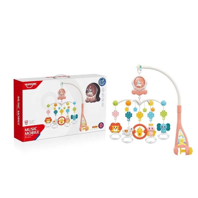 Baby Cot Mobile with Music and Light, Baby Mobile with 360°Rotating Rattles and Music Box-Pink