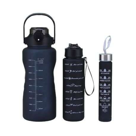 BPA Free Set of 3 Water Bottle with Motivational Time Markers - BLACK