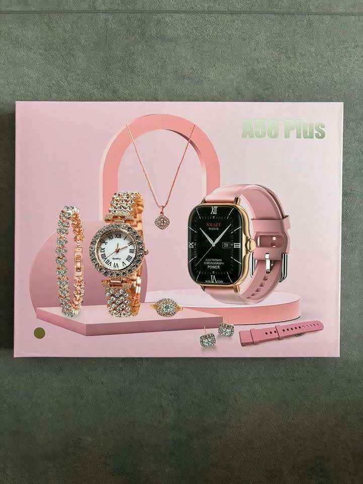 Women`s Luxury Gold Watch Unique Gift Set, Gold Necklace, Ring, Double Band, Smart Watch