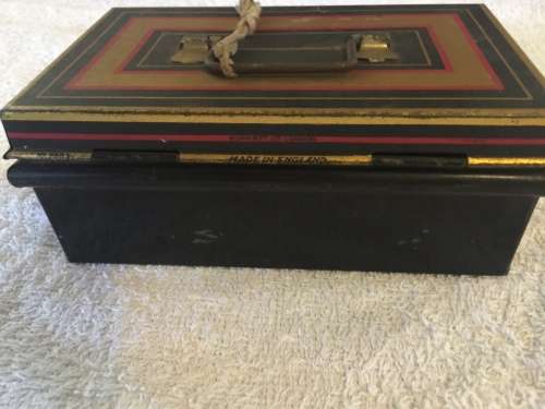 VINTAGE BLACK TIN MONEY BOX CASH TIN BY BURNETT LTD LONDON