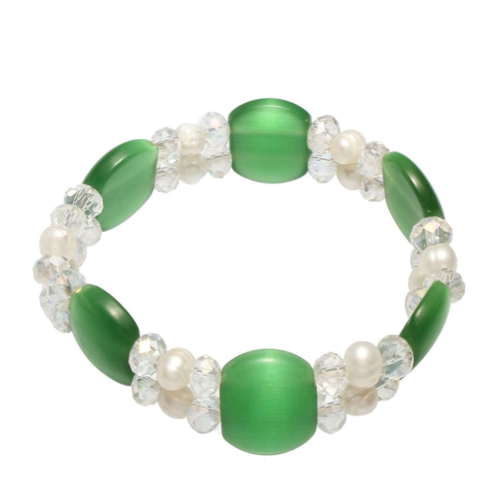 Lovely 5mm White Cultured Genuine Freshwater Pearl Bracelet with Aventurine -- Stretchy