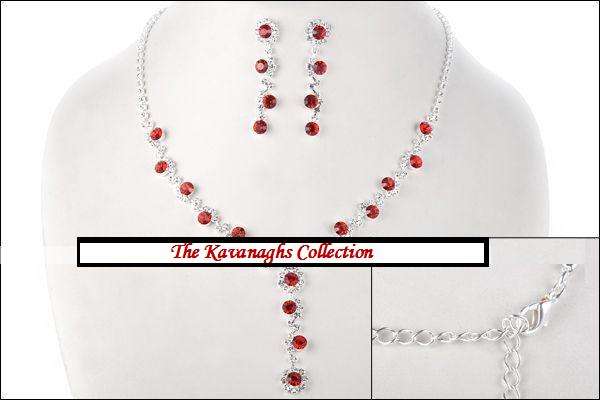 Kavanaghs - Sparkling Simulated Diamond and Ruby Necklace and Earring Set