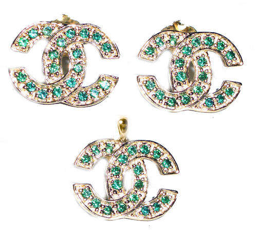 HOT SALE! SET 10KT YELLOW GOLD EMERALD COLOR STONE , EARRING & PENDANT