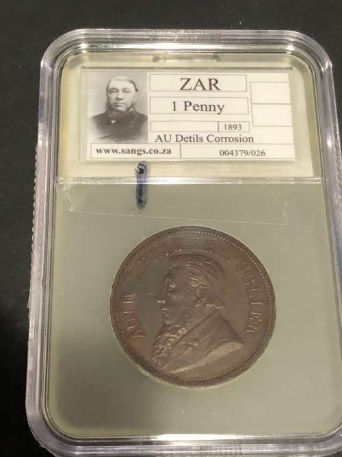 1893 ZAR 1 Penny Graded AU Details Corrosion Coin
