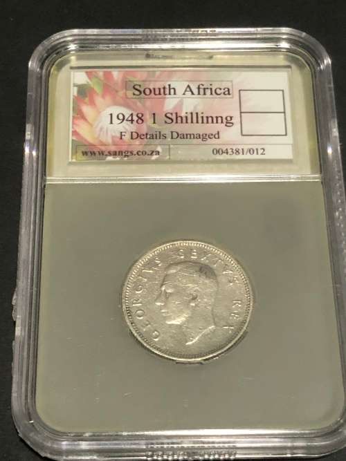 1948 Silver 1 Shilling Union of South Africa Coin Graded F Detail Damaged