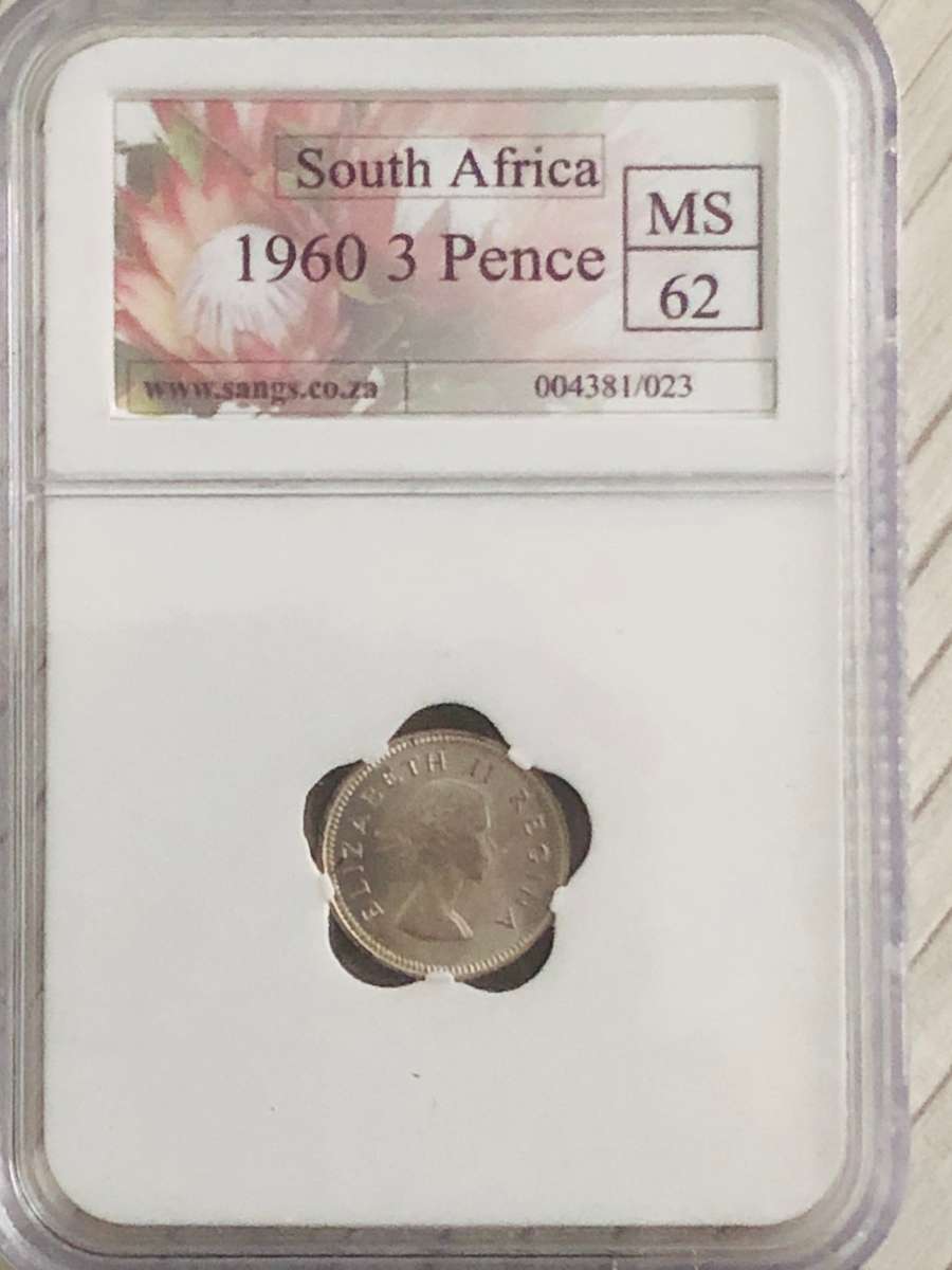 Union of South Africa 1960 Silver 3 Pence Graded MS62