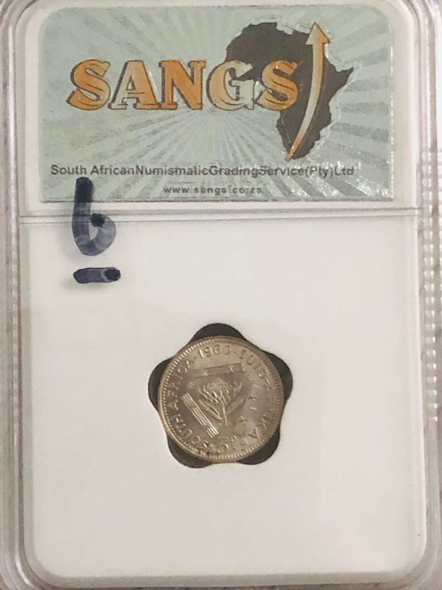 Union of South Africa 1960 Silver 3 Pence Graded MS62