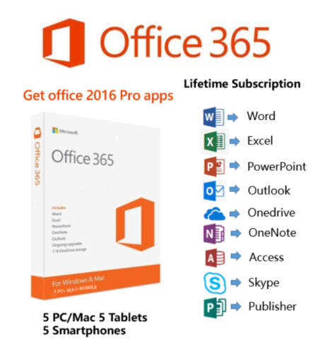 INSTANT Microsoft Office 365 2016 2019 Pro Key PC/Mac Windows 5 Users