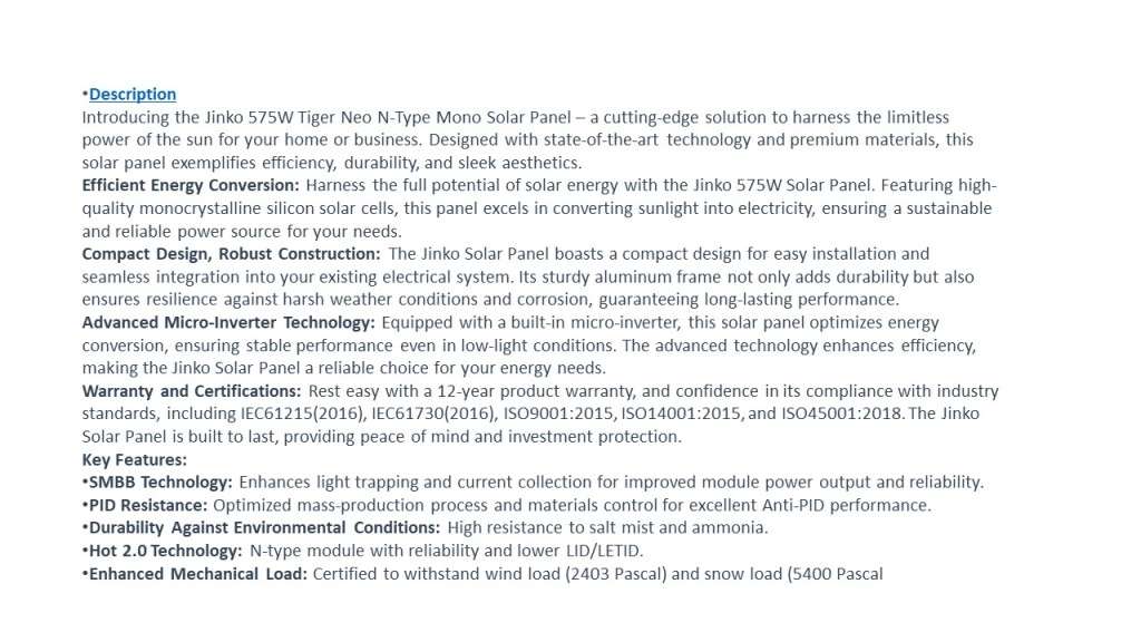 Jinko 575W Tiger Neo N-Type Mono Solar Panel