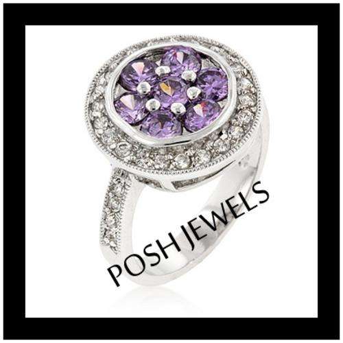 ***WHITE GOLD RHODIUM BONDED AMETHYST/ CLEAR CZ RING*** SIZE 7