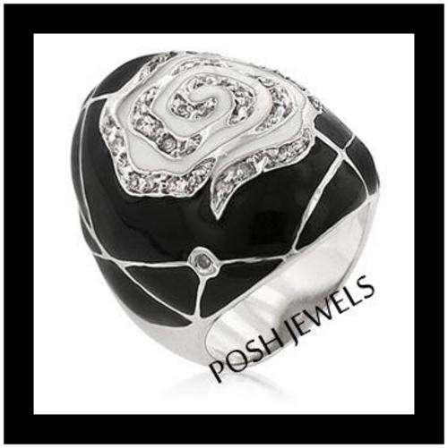 ***ROSE SWIRL ENAMEL WHITE GOLD BONDED RHODIUM CZ BAND RING*** SIZE 6