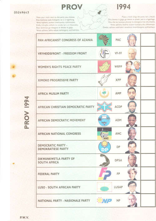 R.S.A. official 1994 Provincial ballot paper (P.W.V.)  IFP sticker supplied loose