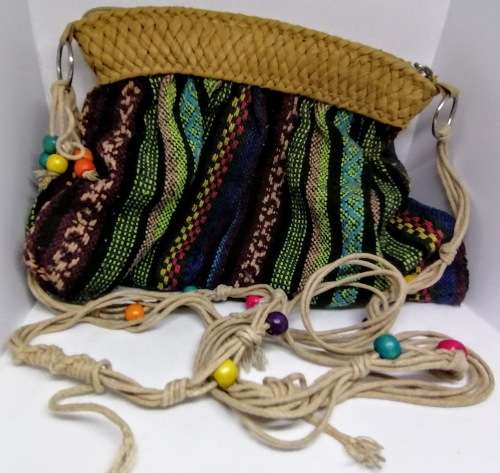 SHOULDER BAG Vintage Woven Cloth and Rattan